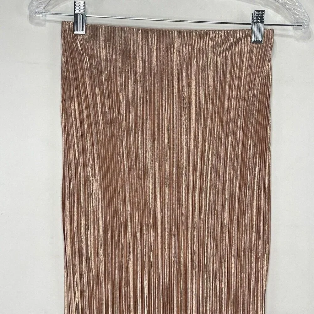 Women Metallic Golden Midi Skirt Size 4 Pleated Stretch